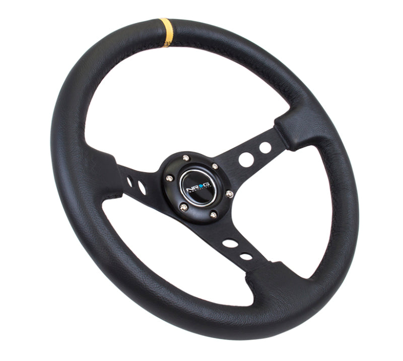 NRG Reinforced Steering Wheel (350mm / 3in. Deep) Blk Leather w/Blk Cutout Spoke/Yellow Center Mark - Blais Performance Parts