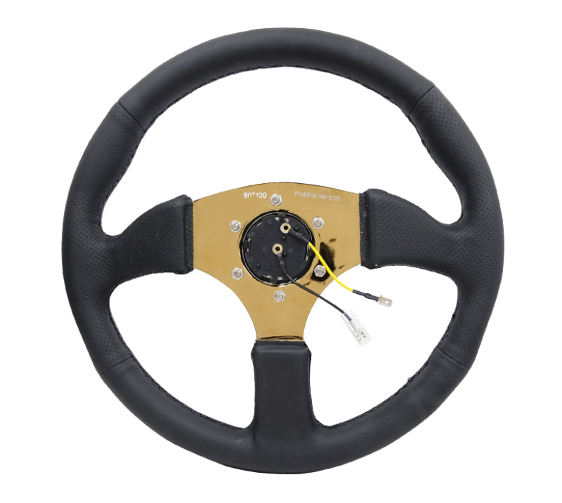 NRG Reinforced Steering Wheel (350mm / 2.5in. Deep) Leather Race Comfort Grip w/4mm Gold Spokes - Blais Performance Parts