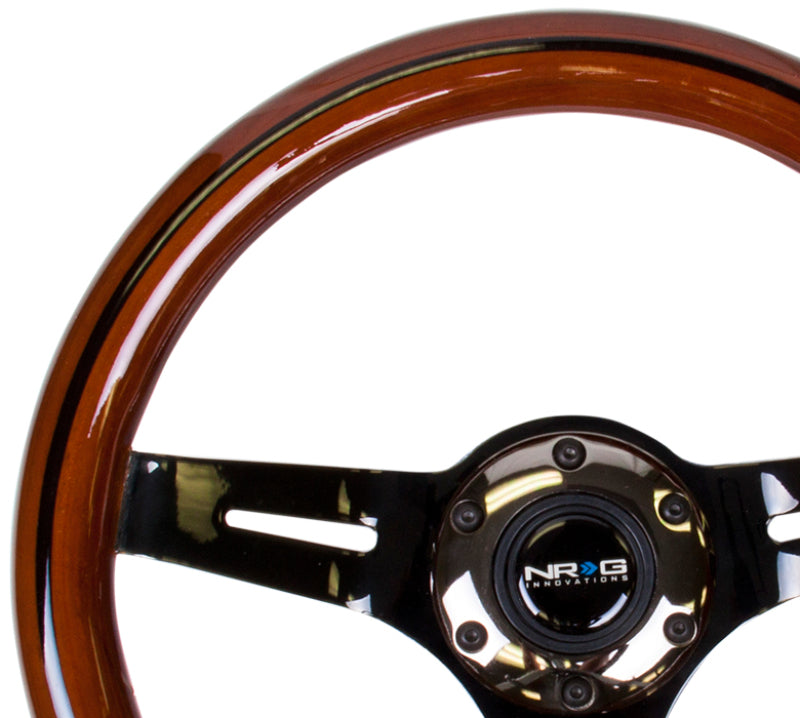 NRG Classic Wood Grain Steering Wheel (310mm) Dark Wood & Black Line Inlay w/Blk Chrome 3-Spoke Ctr. - Blais Performance Parts