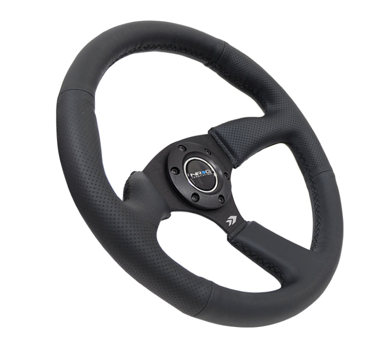 NRG Reinforced Steering Wheel (350mm / 2.5in. Deep) Blk Leather Comfort Grip w/5mm Matte Blk Spokes - Blais Performance Parts