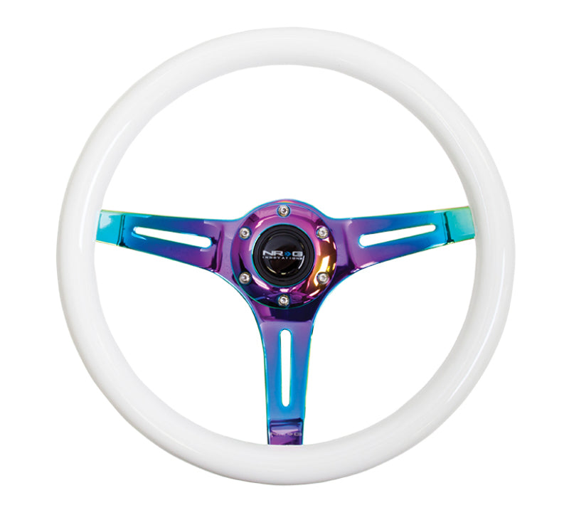 NRG Classic Wood Grain Steering Wheel (350mm) Glow-N-The-Dark Green Grip w/Neochrome 3-Spoke Center - Blais Performance Parts