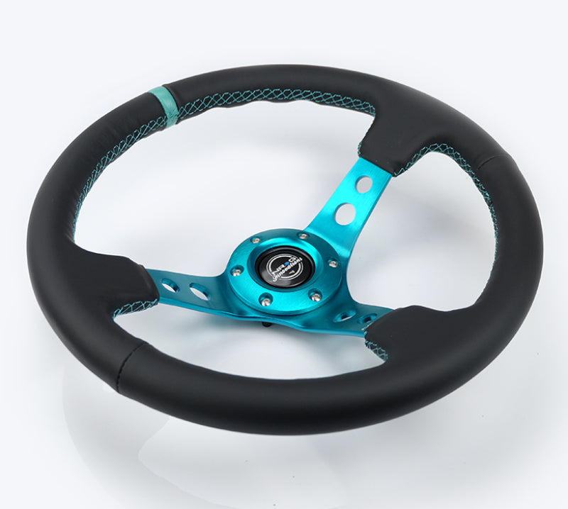 NRG Reinforce Steering Wheel (350mm / 3in. Deep) Blk Leather, Teal Center Mark w/ Teal Stitching - Blais Performance Parts