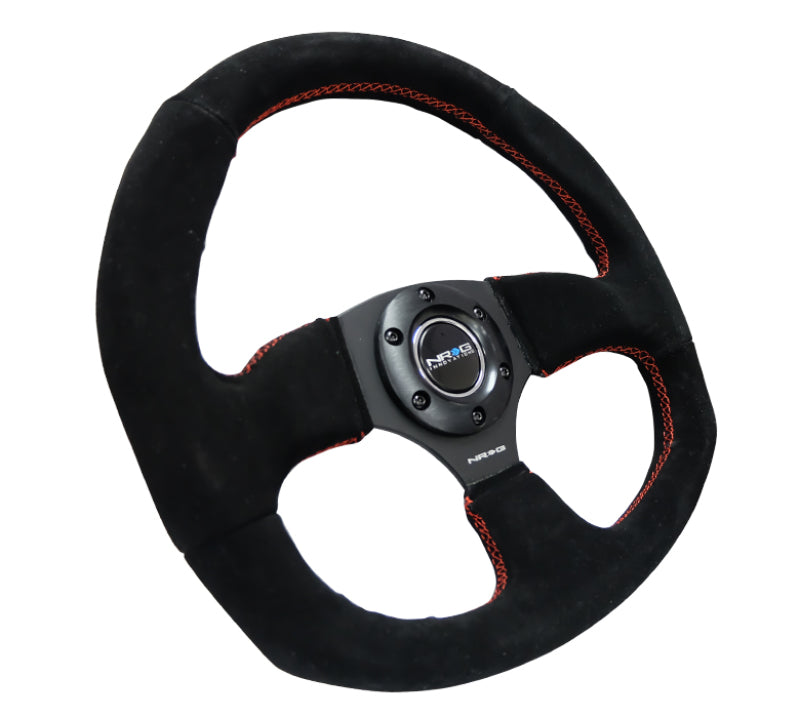 NRG Reinforced Steering Wheel (320mm Horizontal / 330mm Vertical) Suede w/Red Stitch - Blais Performance Parts