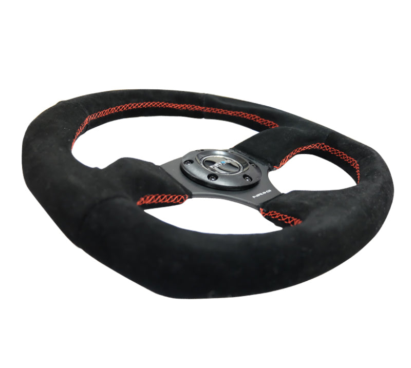 NRG Reinforced Steering Wheel (320mm Horizontal / 330mm Vertical) Suede w/Red Stitch - Blais Performance Parts