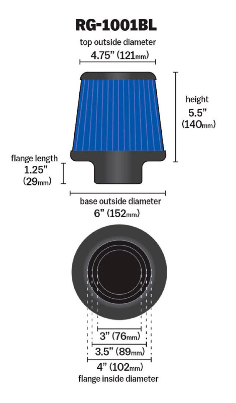 K&N Universal Air Filter Chrome Round Tapered Blue - 4in Flange ID x 1.125in Flange Length x 5.5in H - Blais Performance Parts