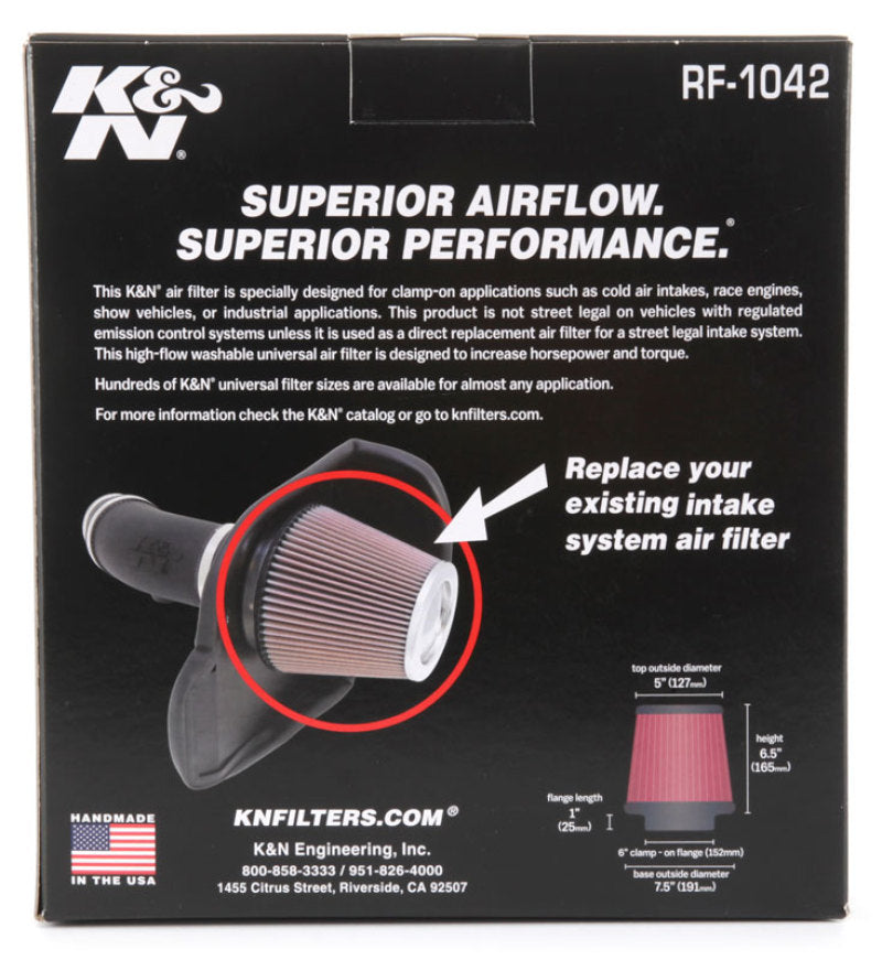 K&N Round Tapered Universal Air Filter 6in Flange ID x 7.5in Base OD x 5in Top OD x 6.5in Height - Blais Performance Parts