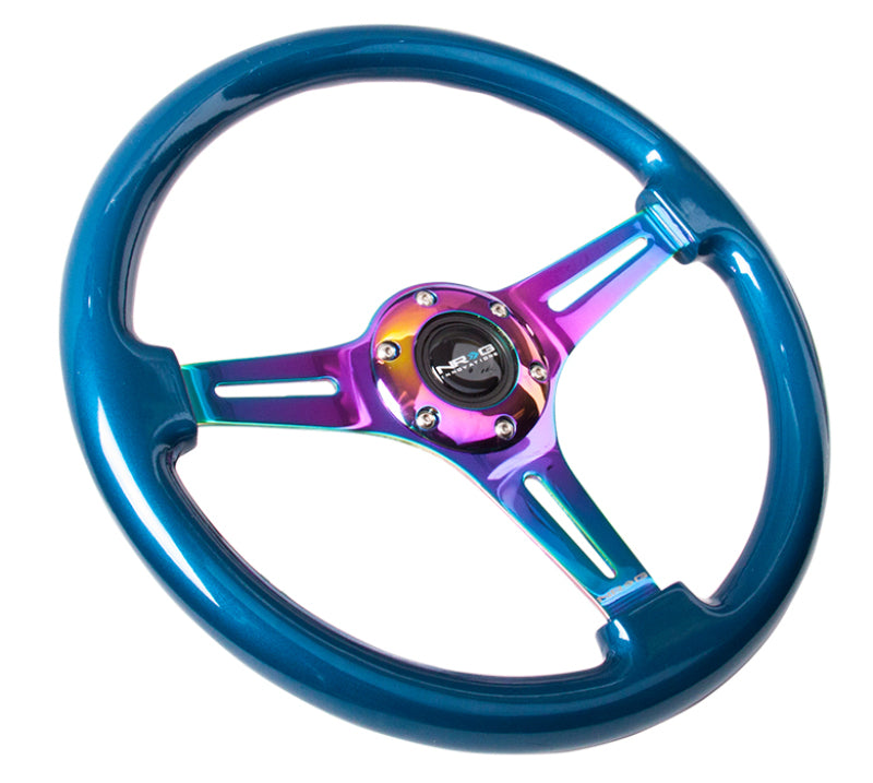 NRG Classic Wood Grain Steering Wheel (350mm) Blue Pearl/Flake Paint w/Neochrome 3-Spoke Center - Blais Performance Parts