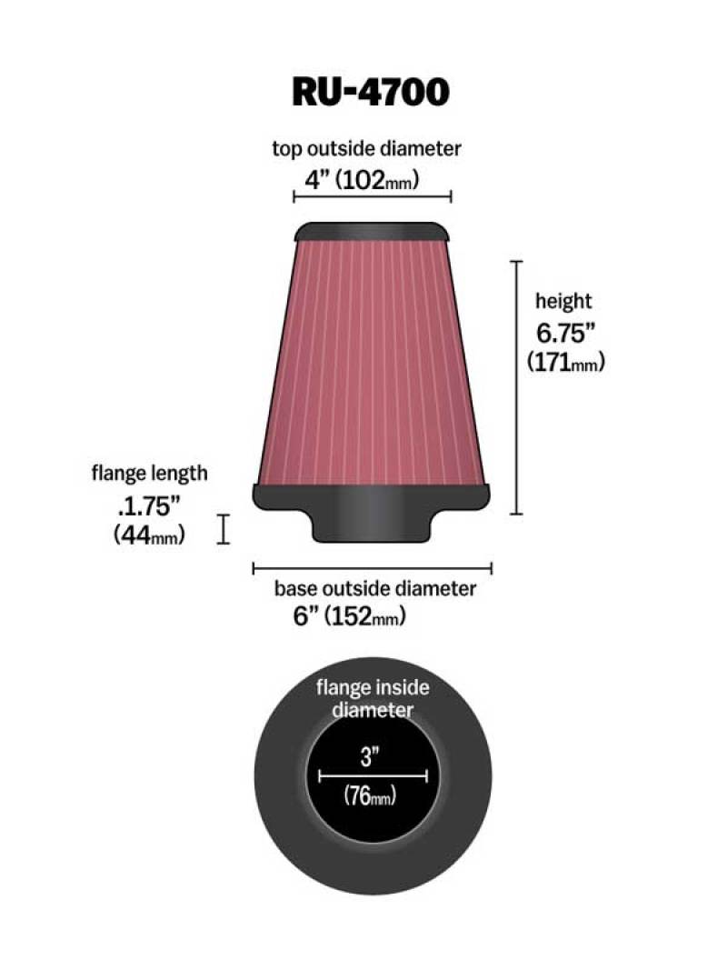 K&N Universal Tapered Filter 3in Flange ID x 6in Base OD x 4in Top OD x 6.75in Height - Blais Performance Parts