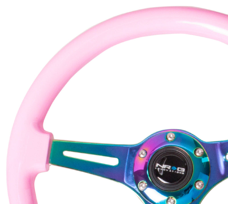 NRG Classic Wood Grain Steering Wheel (350mm) Solid Pink Painted Grip w/Neochrome 3-Spoke Center - Blais Performance Parts