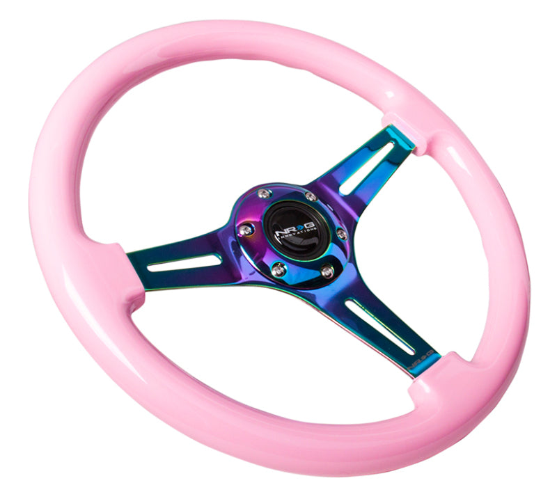 NRG Classic Wood Grain Steering Wheel (350mm) Solid Pink Painted Grip w/Neochrome 3-Spoke Center - Blais Performance Parts