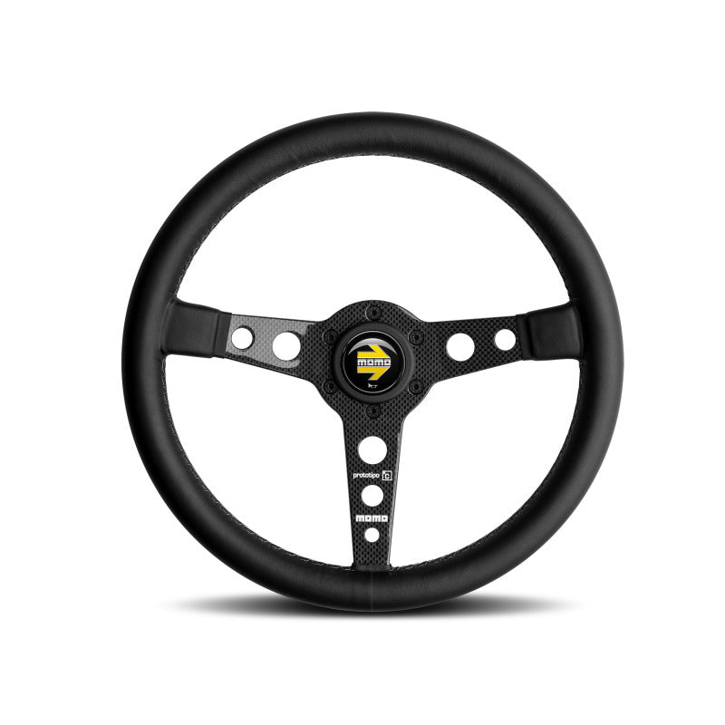 Momo Prototipo 6C Steering Wheel 350 mm - Black Leather/Gry St/Cbn Fbr Spoke - Blais Performance Parts