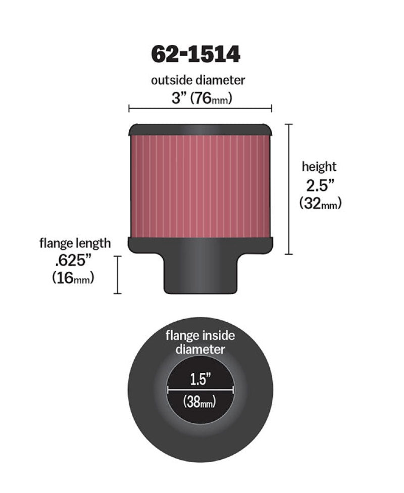 K&N 1.5in Flange ID x 3in OD x 2.5in Height Clamp On Crankcase Vent Filter - Blais Performance Parts