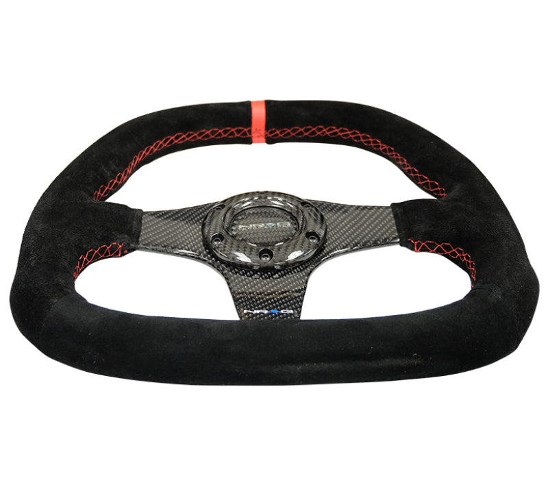 NRG Carbon Fiber Steering Wheel (320mm) Flat Btm. Blk Suede/Red Stitch w/CF Spokes & Red Center Mark - Blais Performance Parts