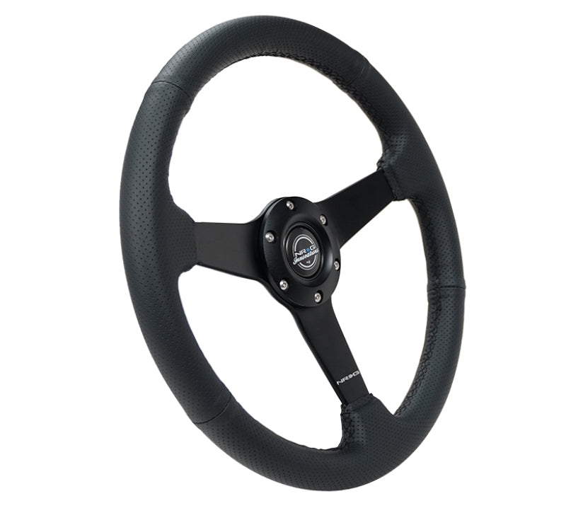 NRG Sport Steering Wheel (350mm / 1.5in Deep) Black Leather Black Stitch w/Matte Black Solid Spokes - Blais Performance Parts