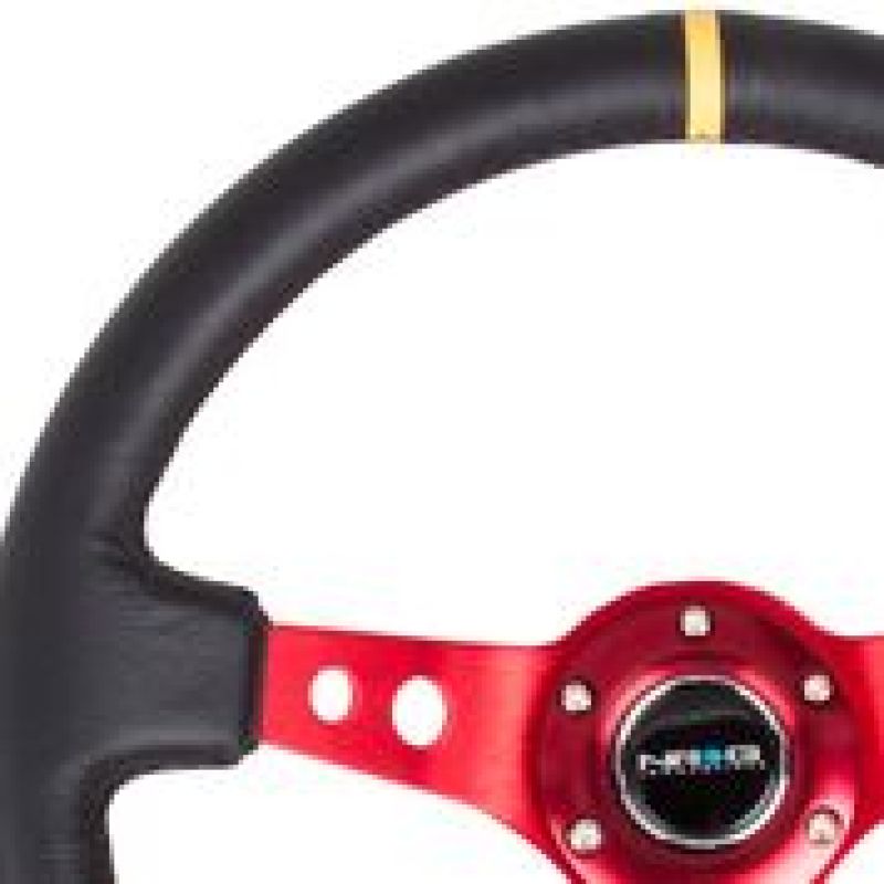 NRG Reinforced Steering Wheel (350mm / 3in. Deep) Blk Leather w/Red Spokes & Sgl Yellow Center Mark - Blais Performance Parts