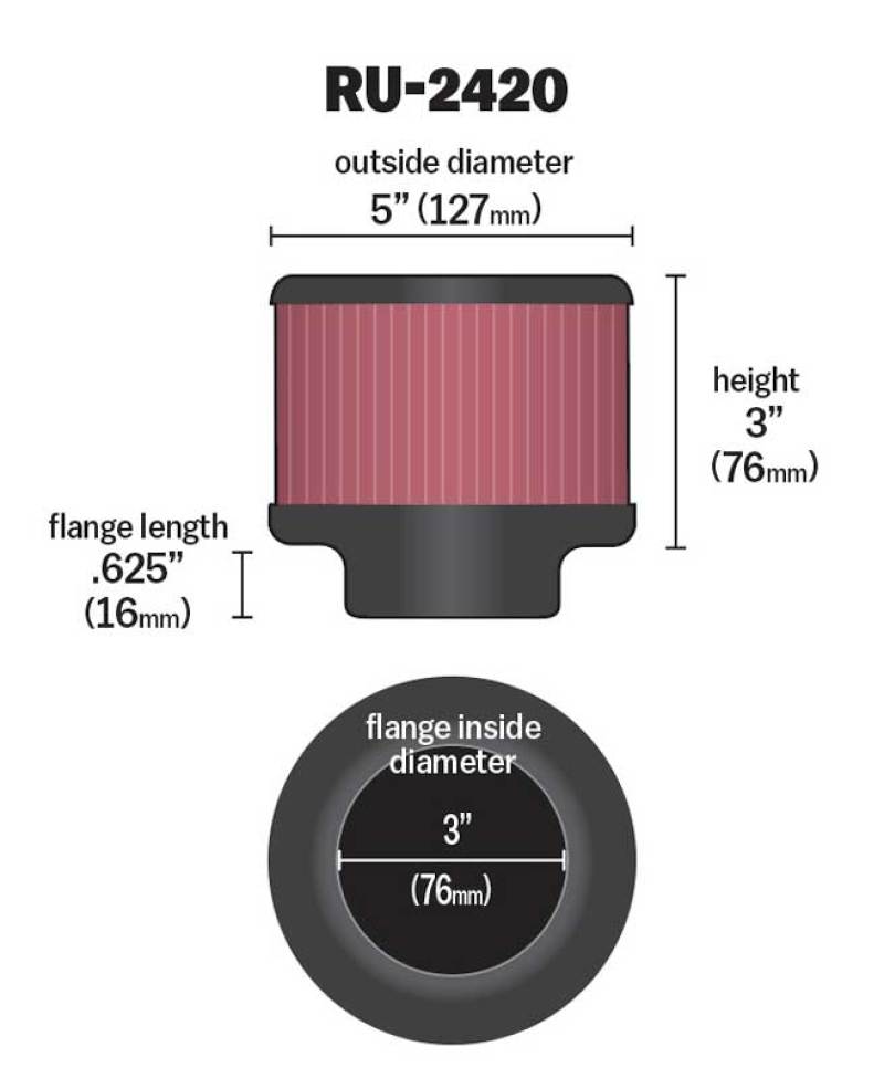 K&N Universal Rubber Filter 3 inch Flange 5 inch OD 3 inch Height - Blais Performance Parts