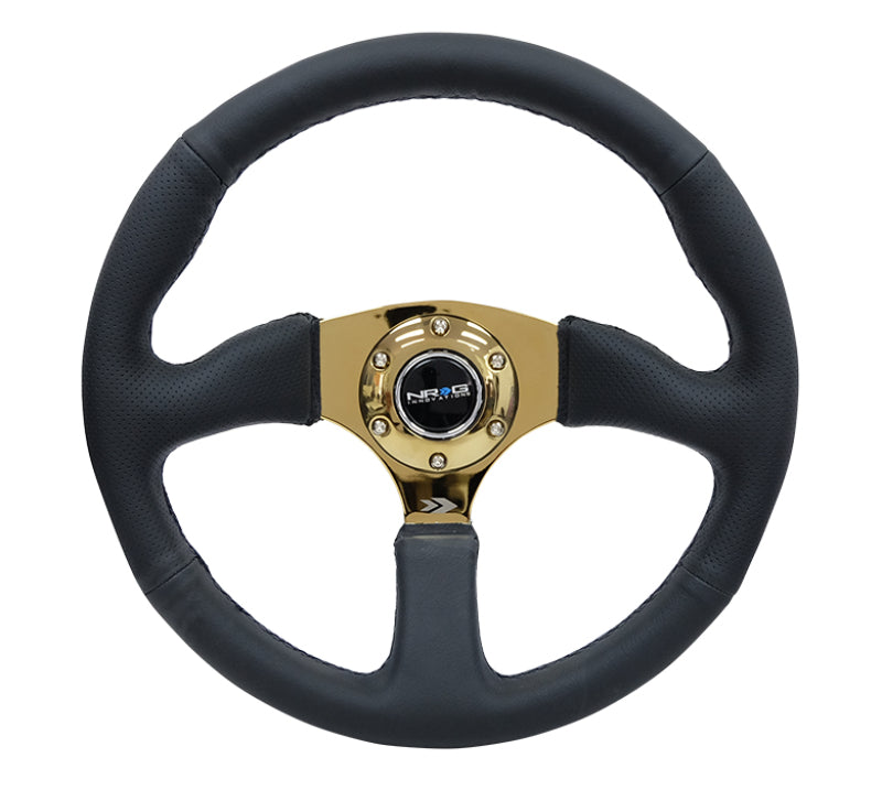 NRG Reinforced Steering Wheel (350mm / 2.5in. Deep) Leather Race Comfort Grip w/4mm Gold Spokes - Blais Performance Parts