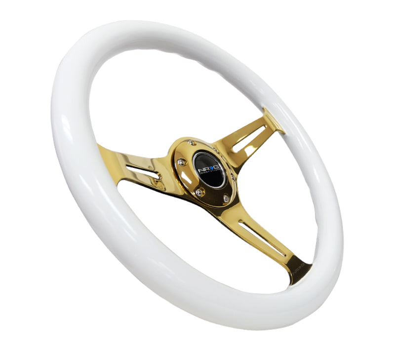 NRG Classic Wood Grain Steering Wheel (350mm) White Grip w/Chrome Gold 3-Spoke Center - Blais Performance Parts