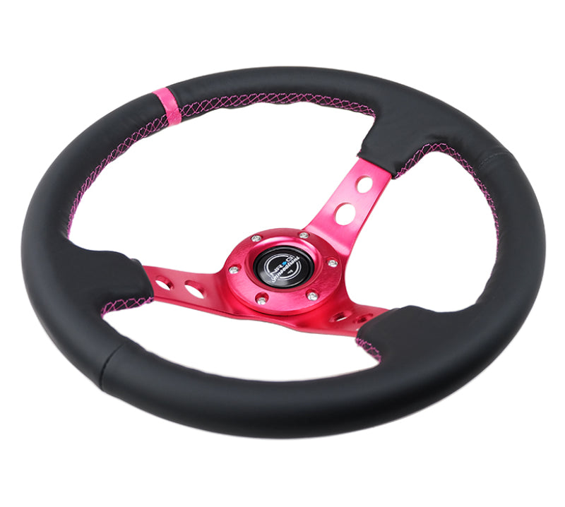 NRG Reinforced Steering Wheel (350mm/3in. Deep) Black Leather/ Fushia Center Mark/ Fushia Stitching - Blais Performance Parts