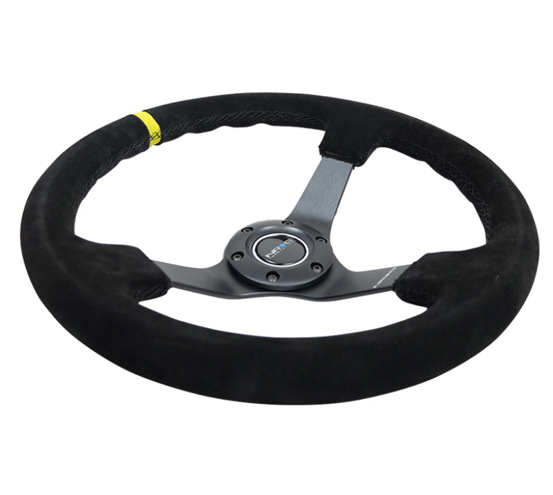 NRG Reinforced Steering Wheel (350mm / 3in. Deep) Blk Suede/X-Stitch w/5mm Blk Spoke & Yellow CM - Blais Performance Parts