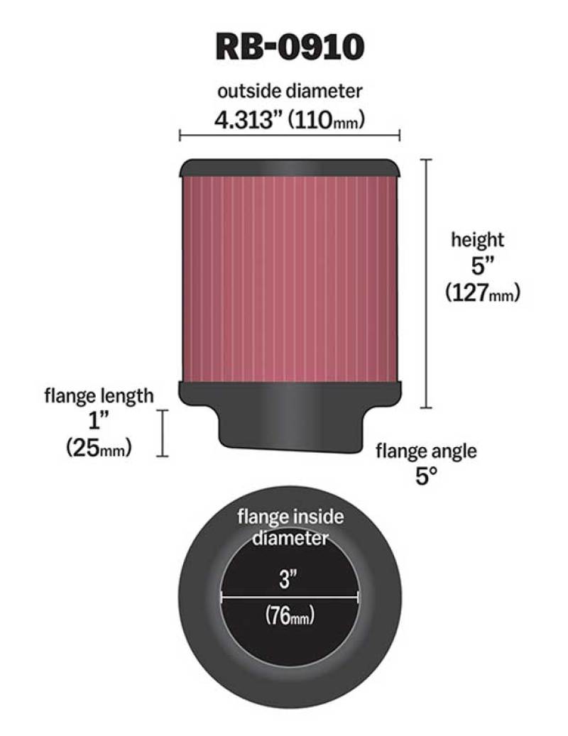 K&N Universal Rubber Filter 3 inch 5 Degree FLG 4 1/2 inch OD 5 inch Height - Blais Performance Parts