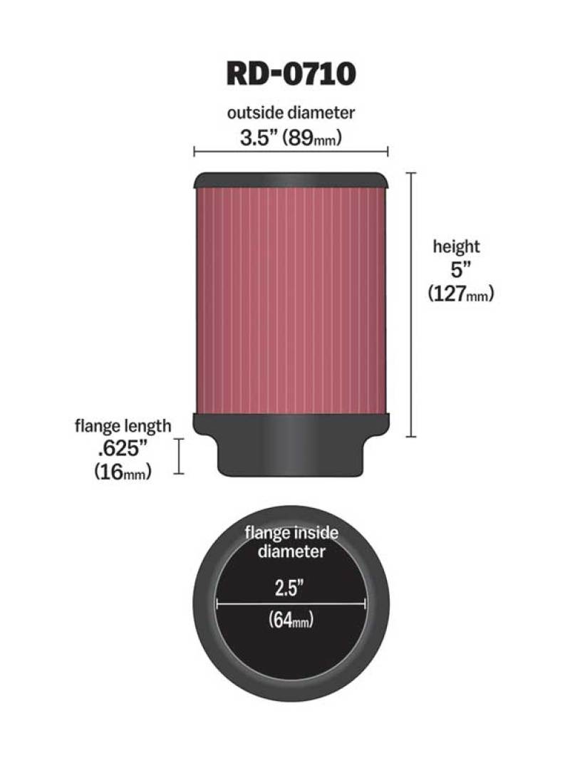 K&N Universal Rubber Filter 2.5in Flange ID x 3.5in OD x 5in Height - Blais Performance Parts