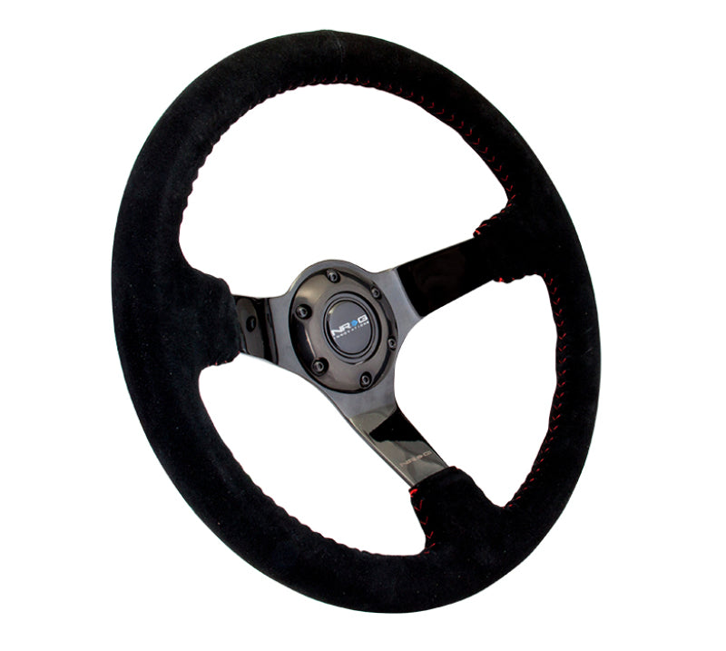 NRG Reinforced Steering Wheel (350mm / 3in. Deep) Blk Suede w/Red BBall Stitch & Black 3-Spoke - Blais Performance Parts