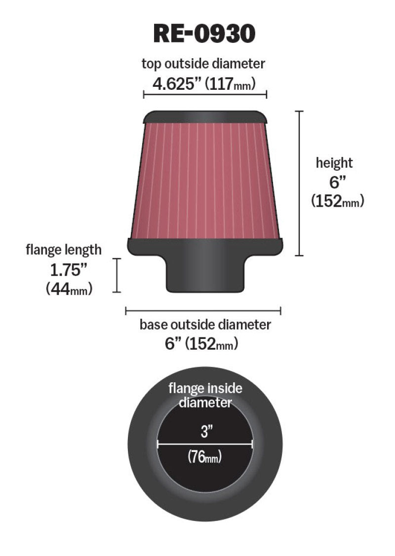 K&N Universal Rubber Filter - Round Tapered 6in Base OD x 3in Flange ID x 6in H - Blais Performance Parts