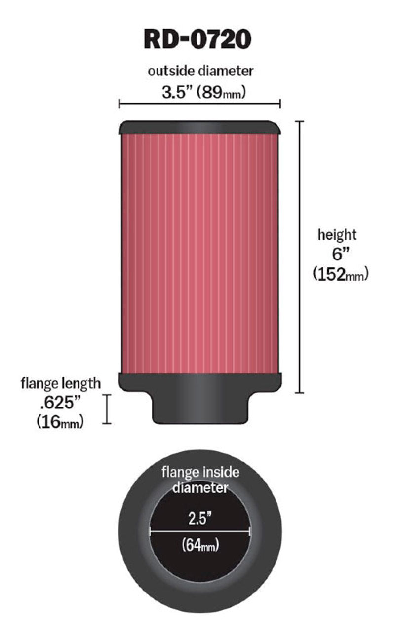 K&N Universal Rubber Filter 2.5in Flange ID x 3.5in OD x 6in Height - Blais Performance Parts