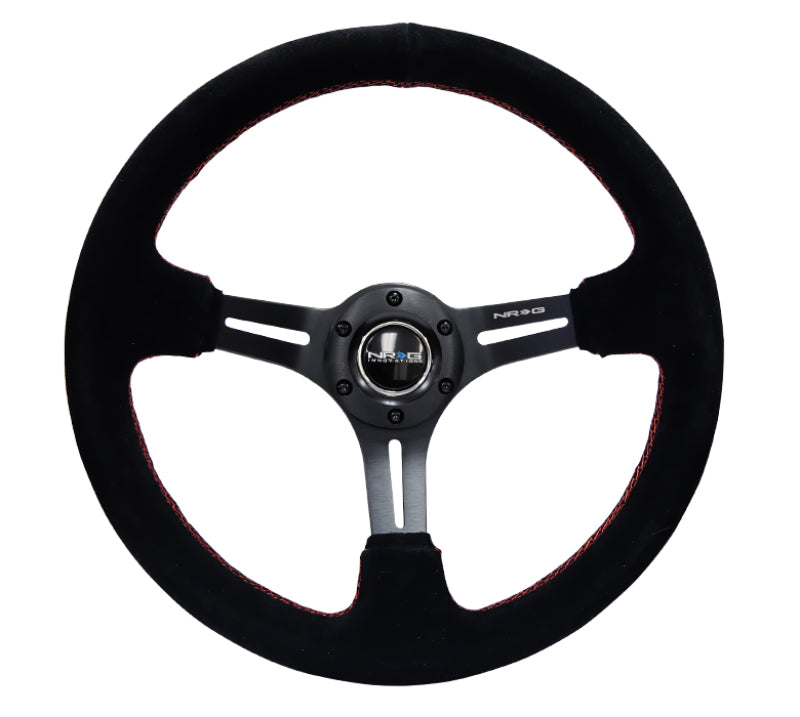 NRG Reinforced Steering Wheel (350mm / 3in. Deep) Blk Suede w/Red Stitching & 5mm Spokes w/Slits - Blais Performance Parts