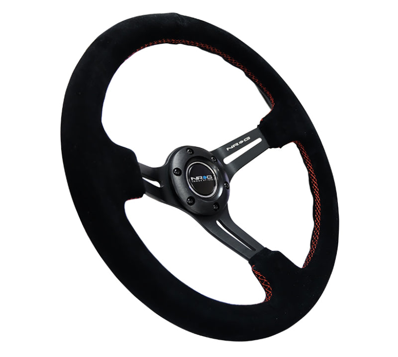 NRG Reinforced Steering Wheel (350mm / 3in. Deep) Blk Suede w/Red Stitching & 5mm Spokes w/Slits - Blais Performance Parts