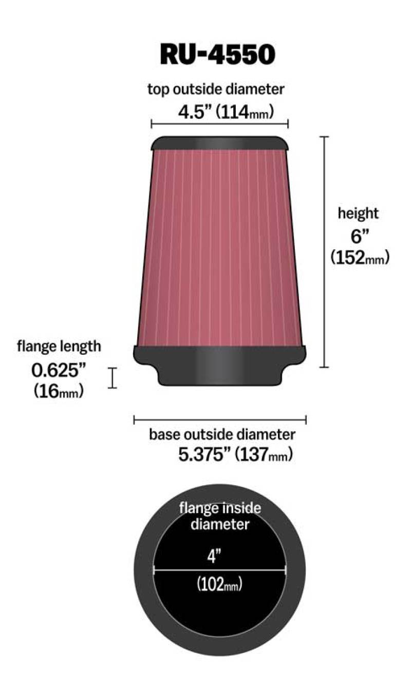 K&N Universal Air Filter 4in Flange / 5-3/8in Base / 4-1/2in Top / 6in Height - Blais Performance Parts