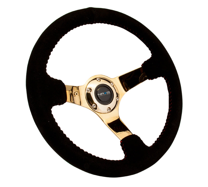 NRG Reinforced Steering Wheel (350mm / 3in. Deep) Blk Suede w/Red BBall Stitch & Chrome Gold 3-Spoke - Blais Performance Parts