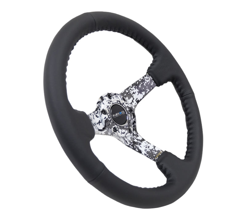 NRG Reinforced Steering Wheel (350mm / 3in. Deep) Blk Leather w/Hydrodipped Digi-Camo Spokes - Blais Performance Parts