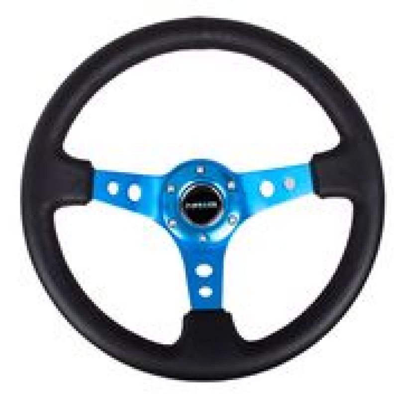 NRG Reinforced Steering Wheel (350mm / 3in. Deep) Blk Leather w/Blue Circle Cutout Spokes - Blais Performance Parts